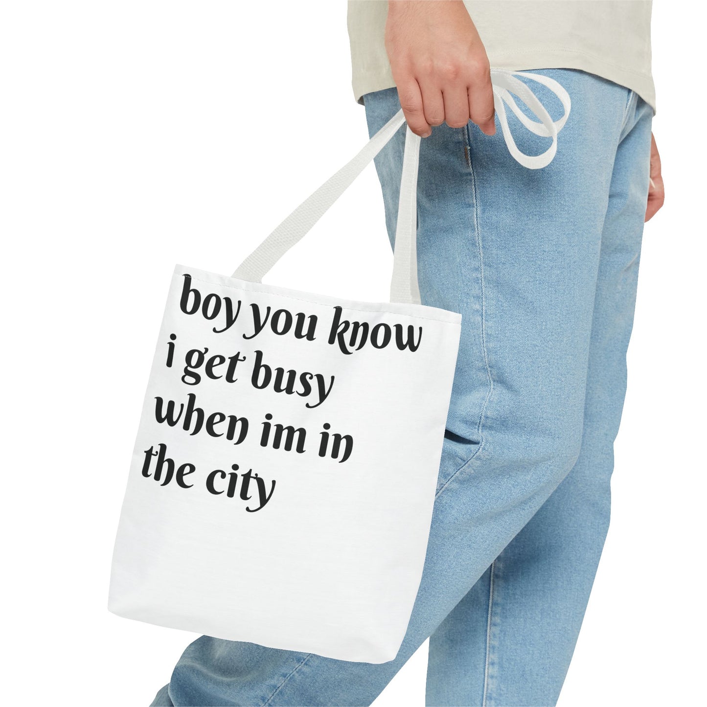 boy i get busy when im in the city tote bag (AOP)