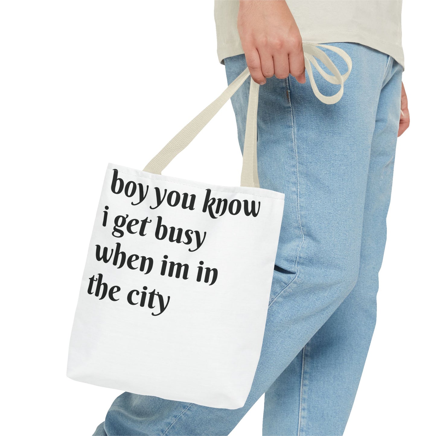 boy i get busy when im in the city tote bag (AOP)